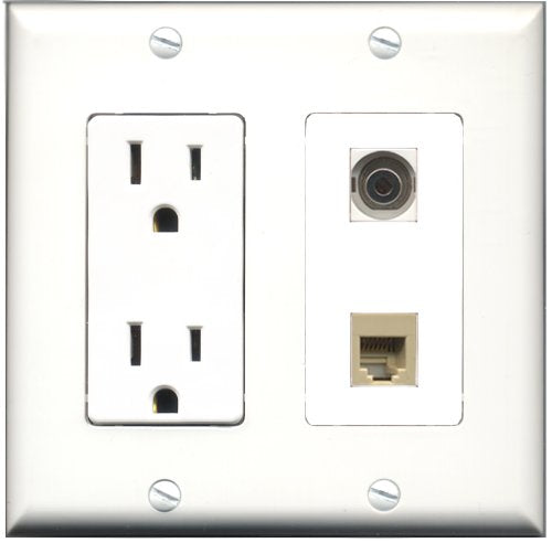 RiteAV - 15 Amp Power Outlet and 1 Port Phone RJ11 RJ12 Beige and 1 Port 3.5mm Decorative Type Wall Plate White