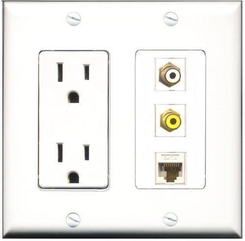 RiteAV - 15 Amp Power Outlet 1 Port RCA White 1 Port RCA Yellow 1 Port Cat6 Ethernet Ethernet White Decorative Wall Plate