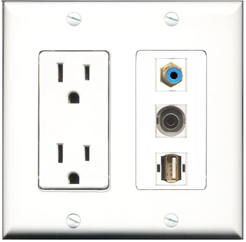 RiteAV - 15 Amp Power Outlet 1 Port RCA Blue 1 Port USB A-A 1 Port 3.5mm Decorative Wall Plate