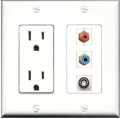 RiteAV - 15 Amp Power Outlet 1 Port RCA Red 1 Port RCA Blue 1 Port BNC Decorative Wall Plate