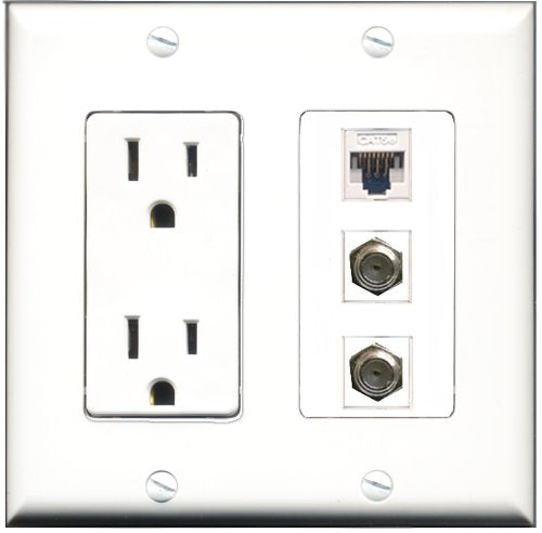 RiteAV - 15 Amp Power Outlet 2 Port Coax 1 Port Cat5e Ethernet White Decorative Wall Plate