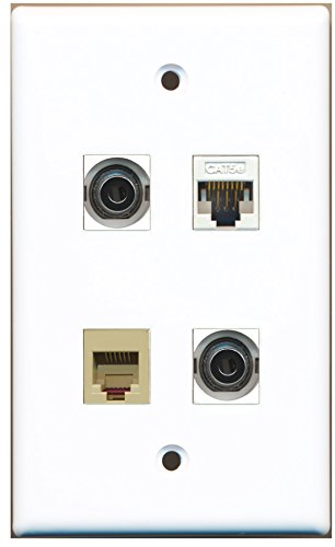 RiteAV - 1 Port Phone RJ11 RJ12 Beige 2 Port 3.5mm 1 Port Cat5e Ethernet White Wall Plate