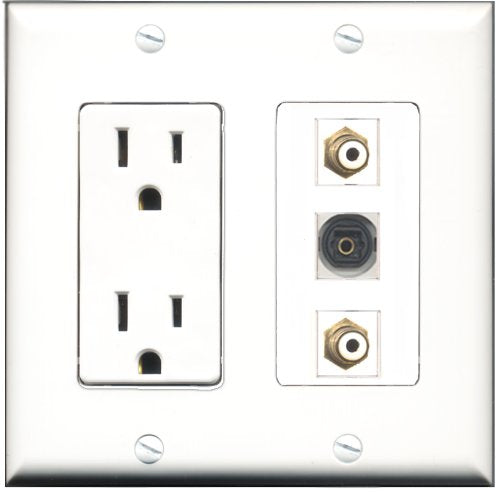 RiteAV - 15 Amp Power Outlet 2 Port RCA White 1 Port Toslink Decorative Wall Plate