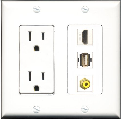 RiteAV - 15 Amp Power Outlet 1 Port HDMI 1 Port RCA Yellow 1 Port USB A-A Decorative Wall Plate