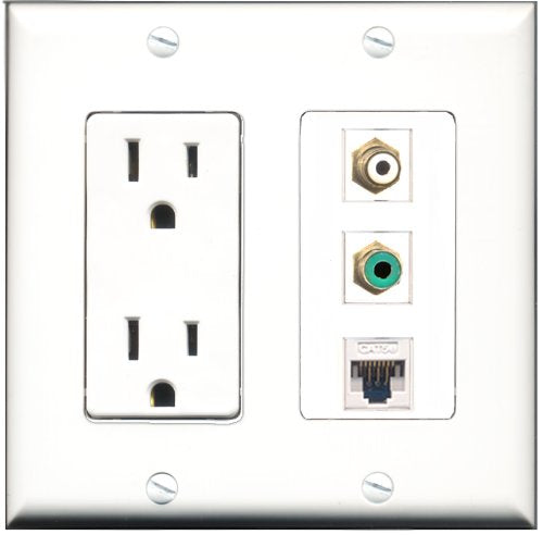 RiteAV - 15 Amp Power Outlet 1 Port RCA White 1 Port RCA Green 1 Port Cat5e Ethernet White Decorative Wall Plate