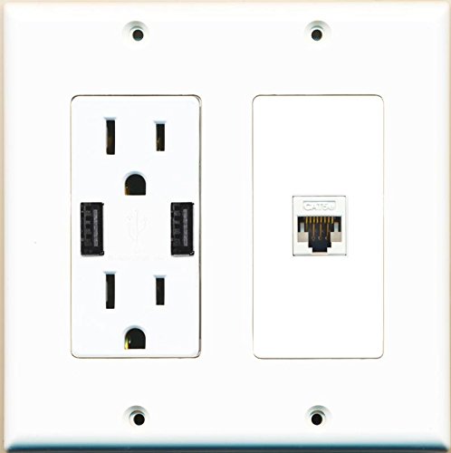 RiteAV 15 Amp 125V Power Outlet (2 Powered USB Charger Receptacle) Cat5e Ethernet Wall Plate White