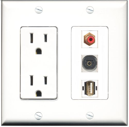 RiteAV - 15 Amp Power Outlet 1 Port RCA Red 1 Port USB A-A 1 Port Toslink Decorative Wall Plate