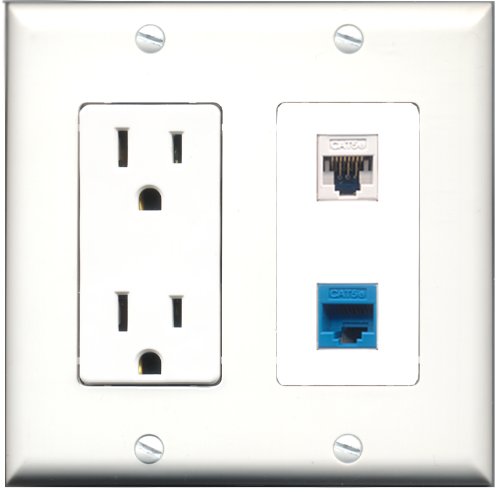 RiteAV - 15 Amp Power Outlet and 1 Port Cat5e Ethernet White and 1 Port Cat5e Ethernet Blue Decorative Type Wall Plate White