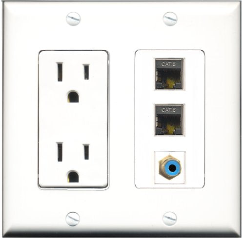 RiteAV - 15 Amp Power Outlet 1 Port RCA Blue 2 Port Shielded Cat6 Ethernet Ethernet Decorative Wall Plate