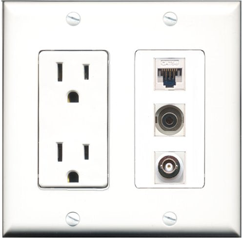 RiteAV - 15 Amp Power Outlet 1 Port 3.5mm 1 Port BNC 1 Port Cat5e Ethernet White Decorative Wall Plate