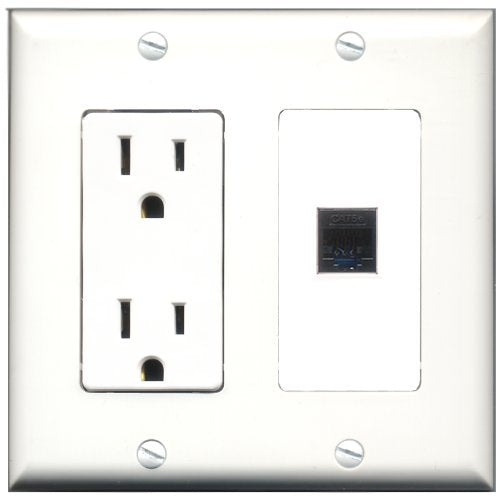RiteAV - 15 Amp Power Outlet and 1 Port Cat5e Ethernet Black Decorative Type Wall Plate White
