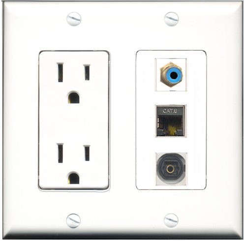 RiteAV - 15 Amp Power Outlet 1 Port RCA Blue 1 Port Shielded Cat6 Ethernet Ethernet 1 Port Toslink Decorative Wall Plate