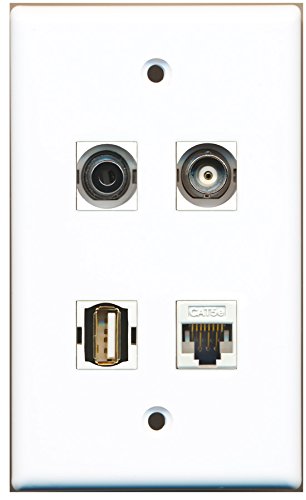 RiteAV - 1 Port USB A-A 1 Port 3.5mm 1 Port BNC 1 Port Cat5e Ethernet White Wall Plate