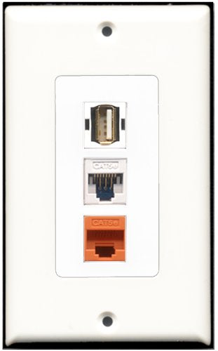 RiteAV - 1 Port USB A-A 1 Cat5e Ethernet White 1 Cat5e Ethernet Orange Wall Plate Decorative