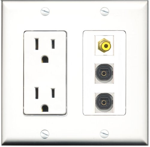 RiteAV - 15 Amp Power Outlet 1 Port RCA Yellow 2 Port Toslink Decorative Wall Plate