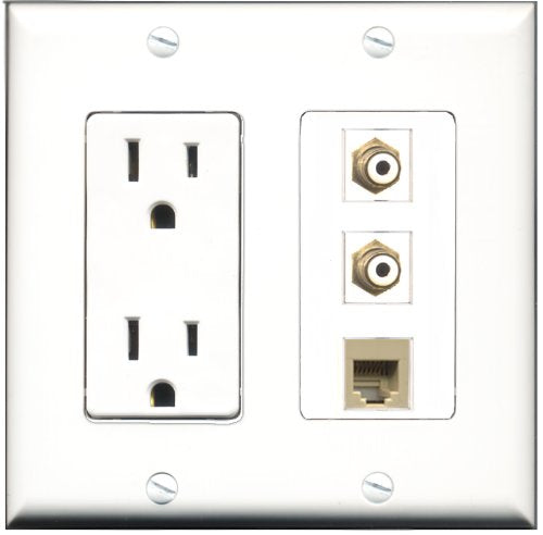 RiteAV - 15 Amp Power Outlet 2 Port RCA White 1 Port Phone Beige Decorative Wall Plate