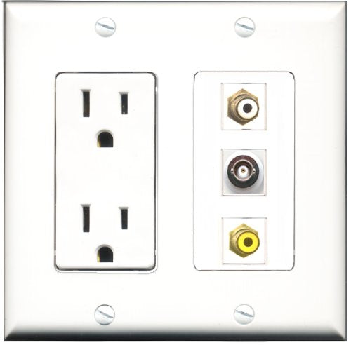RiteAV - 15 Amp Power Outlet 1 Port RCA White 1 Port RCA Yellow 1 Port BNC Decorative Wall Plate