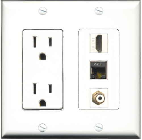 RiteAV - 15 Amp Power Outlet 1 Port HDMI 1 Port RCA White 1 Port Shielded Cat6 Ethernet Ethernet Decorative Wall Plate