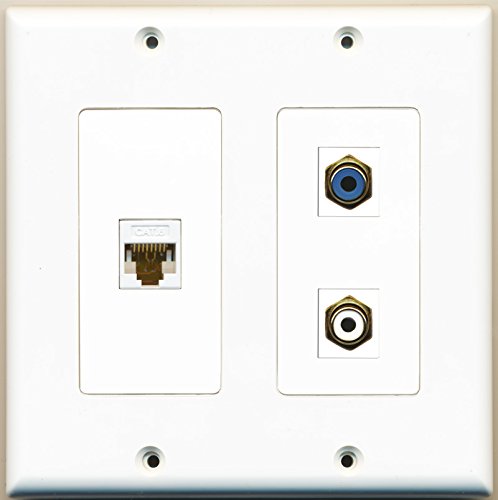 RiteAV - 1 Port RCA White 1 Port RCA Blue 1 Port Cat6 Ethernet White - 2 Gang Wall Plate