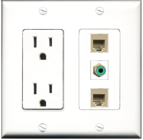 RiteAV - 15 Amp Power Outlet 1 Port RCA Green 2 Port Phone Beige Decorative Wall Plate