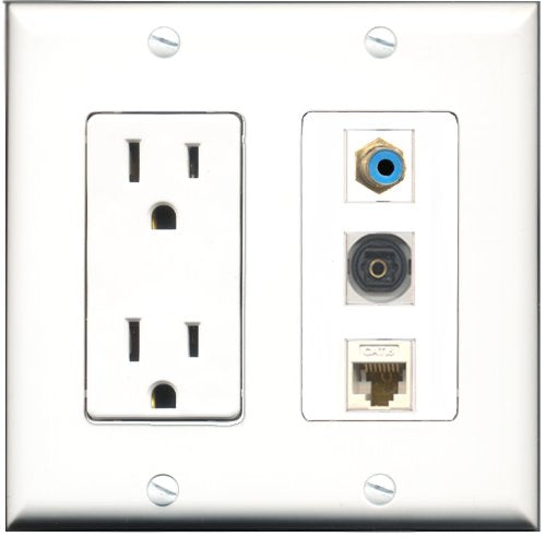 RiteAV - 15 Amp Power Outlet 1 Port RCA Blue 1 Port Toslink 1 Port Cat6 Ethernet Ethernet White Decorative Wall Plate