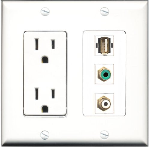 RiteAV - 15 Amp Power Outlet 1 Port RCA White 1 Port RCA Green 1 Port USB A-A Decorative Wall Plate