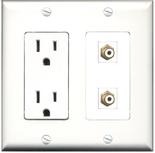 RiteAV - 15 Amp Power Outlet 2 Port RCA White Decorative Type Wall Plate White