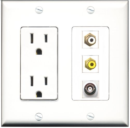 RiteAV - 15 Amp Power Outlet 1 Port RCA White 1 Port RCA Yellow 1 Port BNC Decorative Wall Plate
