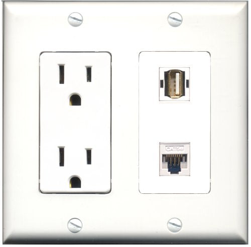 RiteAV - 15 Amp Power Outlet and 1 Port USB A-A and 1 Port Cat5e Ethernet White Decorative Type Wall Plate White