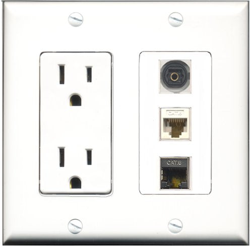 RiteAV - 15 Amp Power Outlet 1 Port Shielded Cat6 Ethernet Ethernet 1 Port Toslink 1 Port Cat6 Ethernet Ethernet White Decorative Wall Plate