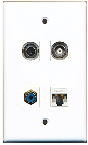 RiteAV - 1 Port RCA Blue 1 Port 3.5mm 1 Port BNC 1 Port Cat5e Ethernet White Wall Plate