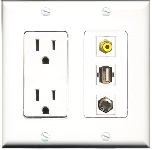 RiteAV - 15 Amp Power Outlet 1 Port RCA Yellow 1 Port Coax 1 Port USB A-A Decorative Wall Plate