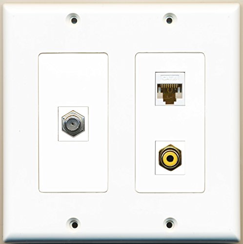 RiteAV - 1 Port RCA Yellow 1 Port Coax Cable TV- F-Type 1 Port Cat6 Ethernet White - 2 Gang Wall Plate