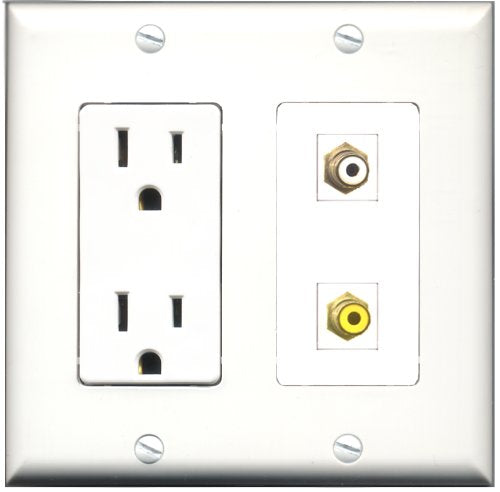 RiteAV - 15 Amp Power Outlet and 1 Port RCA White and 1 Port RCA Yellow Decorative Type Wall Plate White