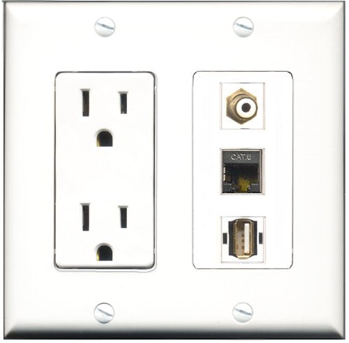 RiteAV - 15 Amp Power Outlet 1 Port RCA White 1 Port USB A-A 1 Port Shielded Cat6 Ethernet Ethernet Decorative Wall Plate