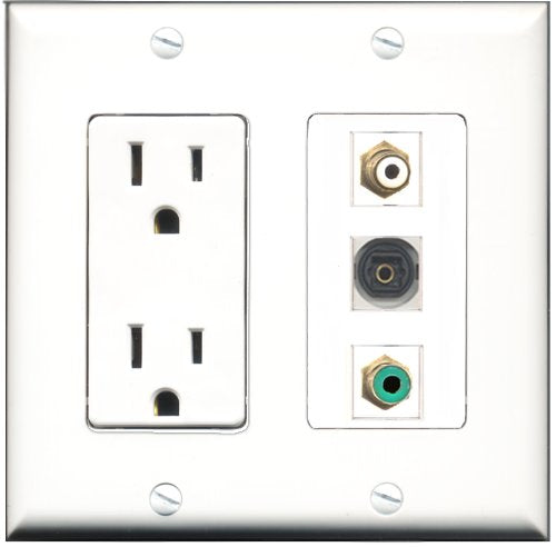 RiteAV - 15 Amp Power Outlet 1 Port RCA White 1 Port RCA Green 1 Port Toslink Decorative Wall Plate