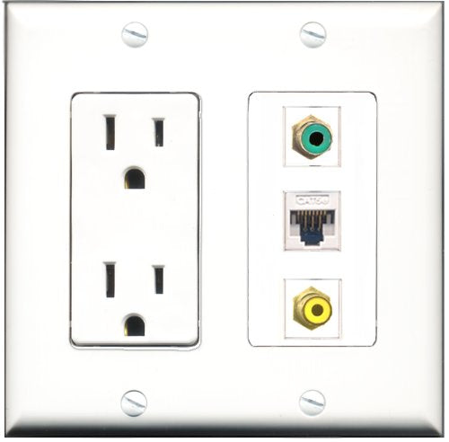 RiteAV - 15 Amp Power Outlet 1 Port RCA Yellow 1 Port RCA Green 1 Port Cat5e Ethernet White Decorative Wall Plate