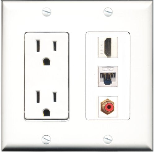 RiteAV - 15 Amp Power Outlet 1 Port HDMI 1 Port RCA Red 1 Port Cat5e Ethernet White Decorative Wall Plate