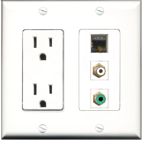 RiteAV - 15 Amp Power Outlet 1 Port RCA White 1 Port RCA Green 1 Port Shielded Cat6 Ethernet Ethernet Decorative Wall Plate