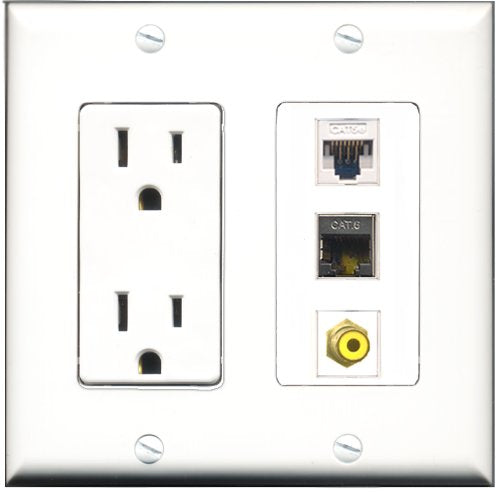RiteAV - 15 Amp Power Outlet 1 Port RCA Yellow 1 Port Shielded Cat6 Ethernet Ethernet 1 Port Cat5e Ethernet White Decorative Wall Plate