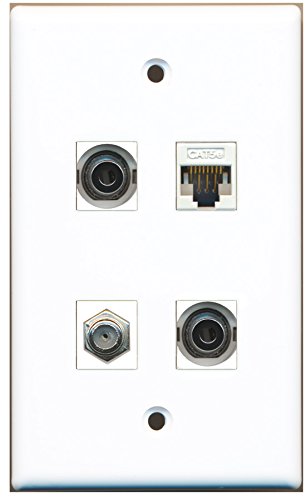 RiteAV - 1 Port Coax Cable TV- F-Type 2 Port 3.5mm 1 Port Cat5e Ethernet White Wall Plate