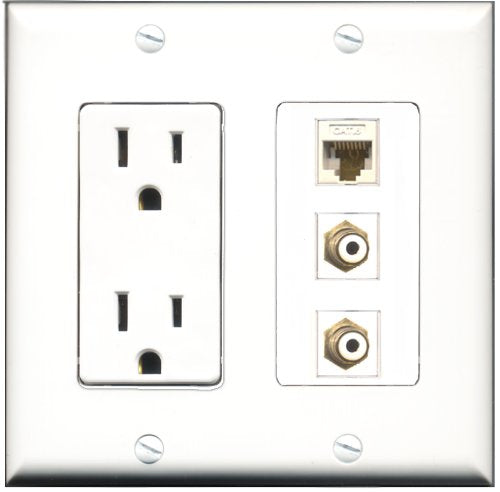 RiteAV - 15 Amp Power Outlet 2 Port RCA White 1 Port RCA Yellow Decorative Wall Plate
