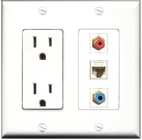 RiteAV - 15 Amp Power Outlet 1 Port RCA Red 1 Port RCA Blue 1 Port Cat6 Ethernet Ethernet White Decorative Wall Plate