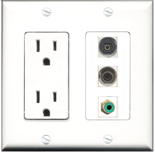 RiteAV - 15 Amp Power Outlet 1 Port RCA Green 1 Port Toslink 1 Port 3.5mm Decorative Wall Plate