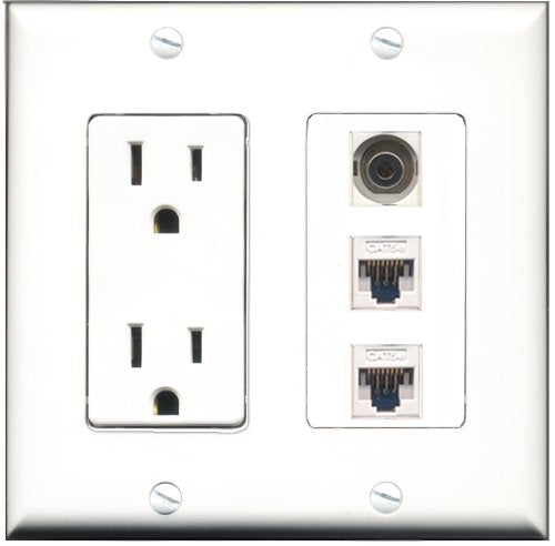 RiteAV - 15 Amp Power Outlet 1 Port 3.5mm 2 Port Cat5e Ethernet White Decorative Wall Plate