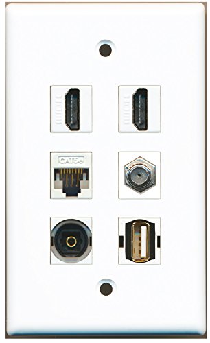 RiteAV - 2 HDMI 1 Port Coax Cable TV- F-Type 1 Port USB A-A 1 Port Toslink 1 Port Cat5e Ethernet White Wall Plate