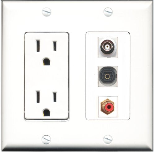 RiteAV - 15 Amp Power Outlet 1 Port RCA Red 1 Port Toslink 1 Port BNC Decorative Wall Plate