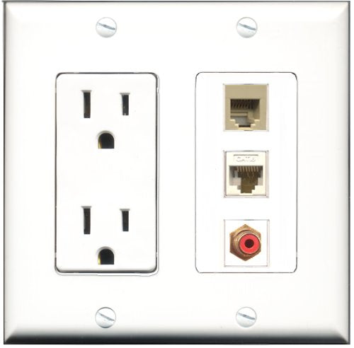 RiteAV - 15 Amp Power Outlet 1 Port RCA Red 1 Port Phone Beige 1 Port Cat6 Ethernet Ethernet White Decorative Wall Plate