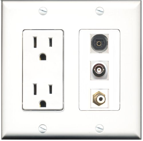 RiteAV - 15 Amp Power Outlet 1 Port RCA White 1 Port Toslink 1 Port BNC Decorative Wall Plate
