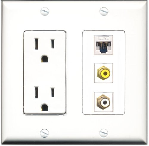 RiteAV - 15 Amp Power Outlet 1 Port RCA White 1 Port RCA Yellow 1 Port Cat5e Ethernet White Decorative Wall Plate